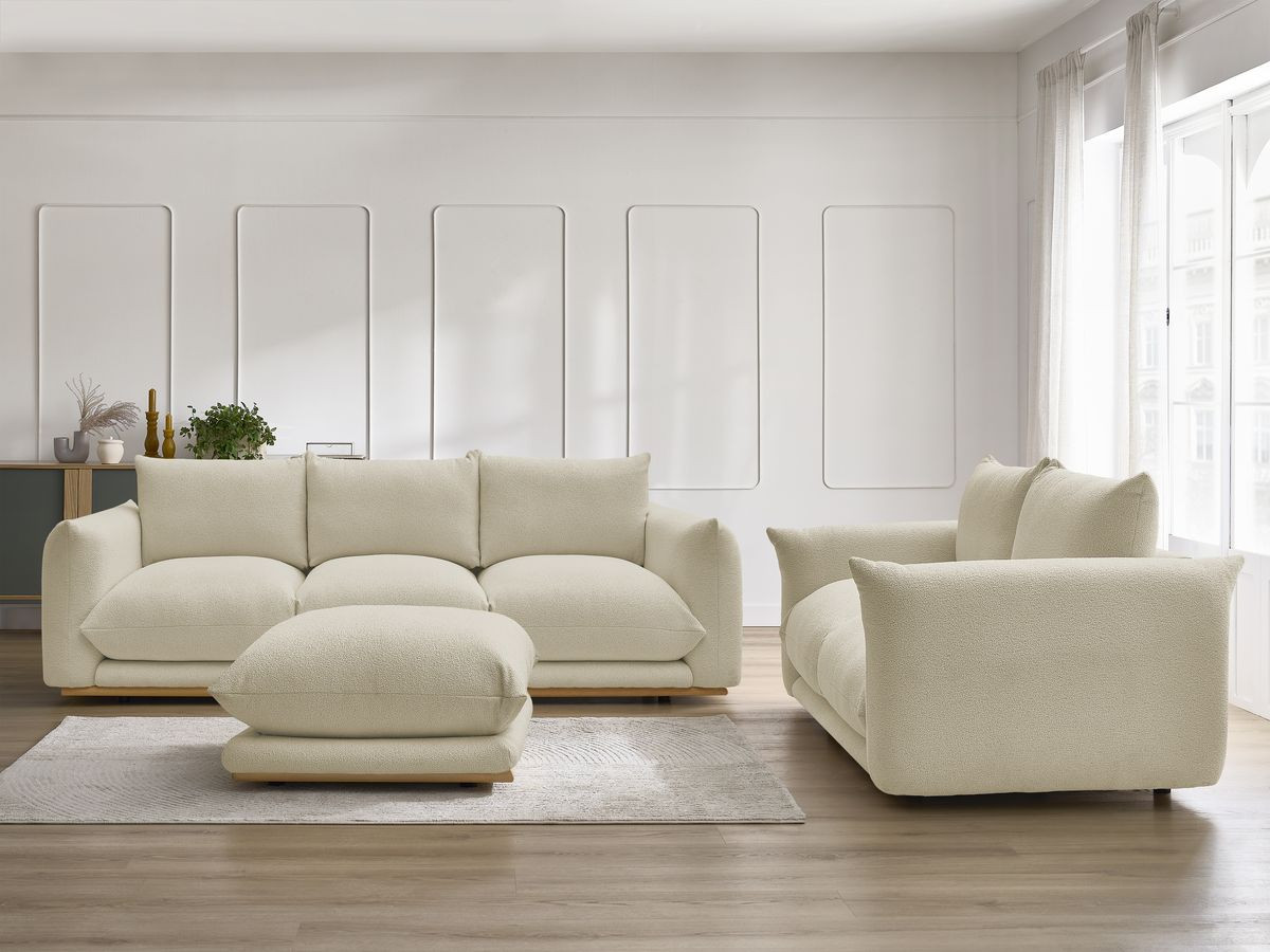 Ensemble canapé droit 3 + 2 places ERNEST bouclette avec pouf beige — vue 5