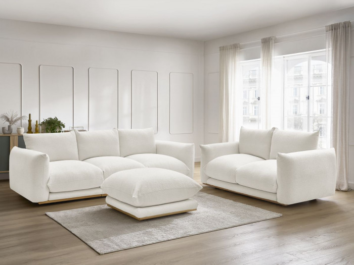 Ensemble canapé droit fixe 3 + 2 places ERNEST tissu bouclette avec pouf