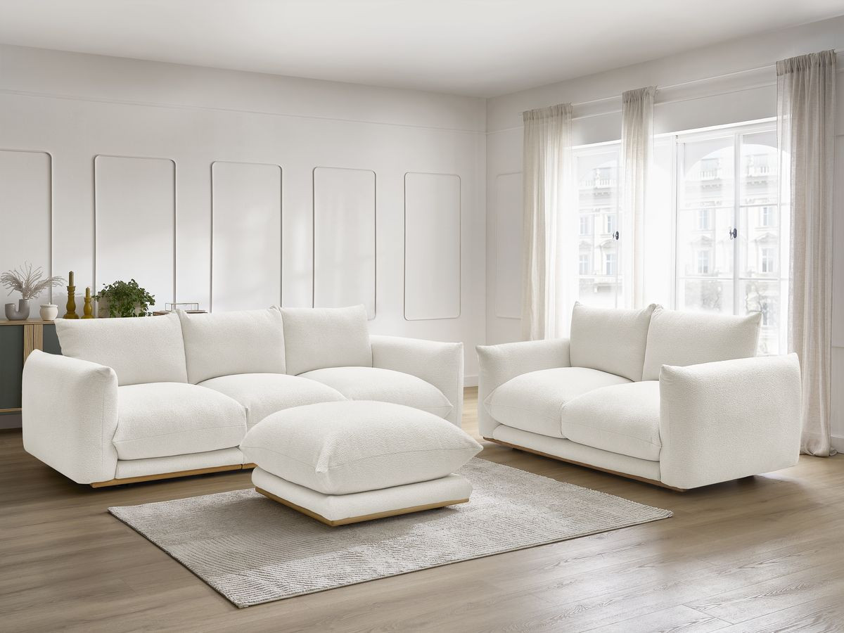 Ensemble canapé droit 3 + 2 places ERNEST bouclette avec pouf blanc