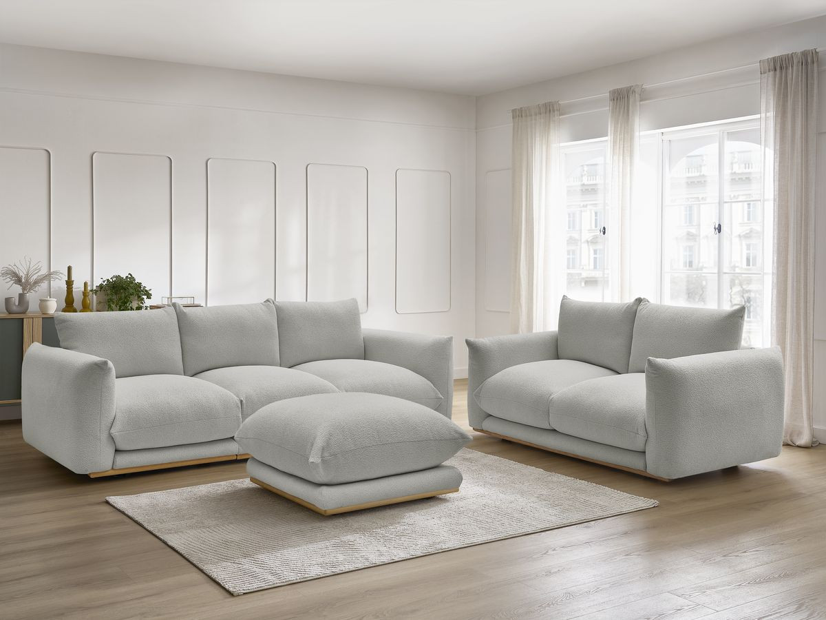 Ensemble canapé droit 3 + 2 places ERNEST bouclette avec pouf gris clair