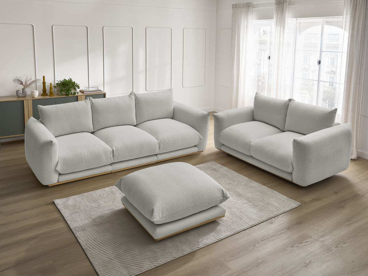 Ensemble canapé droit 3 + 2 places ERNEST bouclette avec pouf gris clair — vue 6