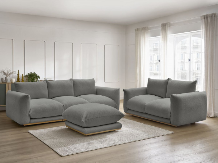 Ensemble canapé droit fixe 3 + 2 places ERNEST tissu bouclette avec pouf