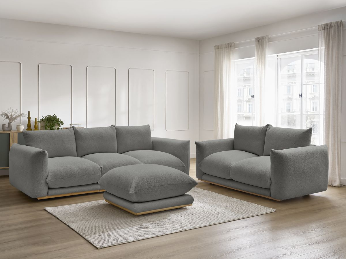 Ensemble canapé droit 3 + 2 places ERNEST bouclette avec pouf gris foncé