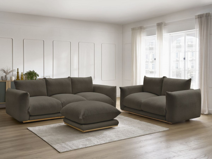 Ensemble canapé droit fixe 3 + 2 places ERNEST tissu bouclette avec pouf