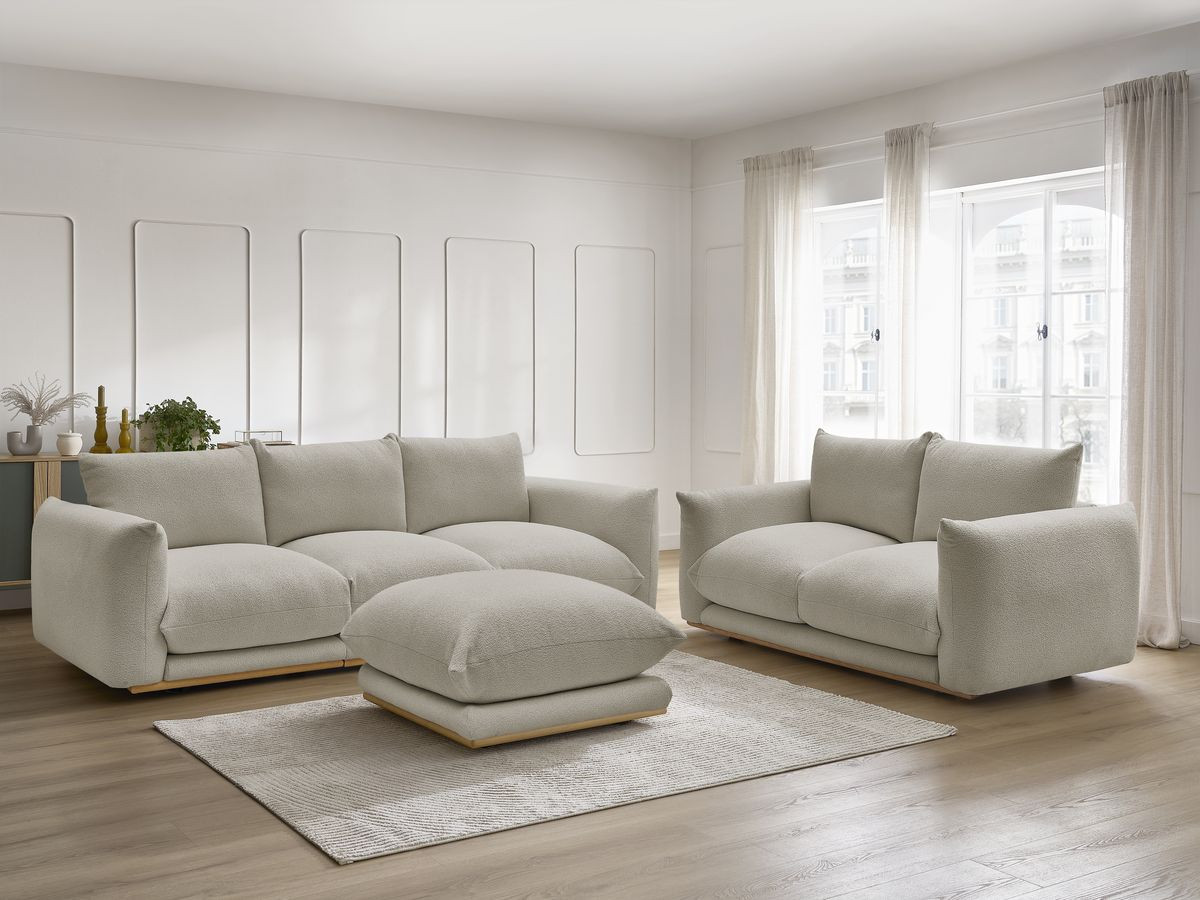 Ensemble canapé droit 3 + 2 places ERNEST bouclette avec pouf taupe