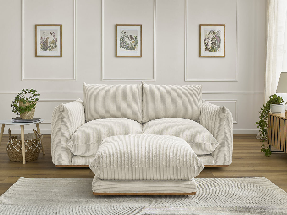 Canapé droit 2 places ERNEST velours côtelé avec pouf beige — vue 4