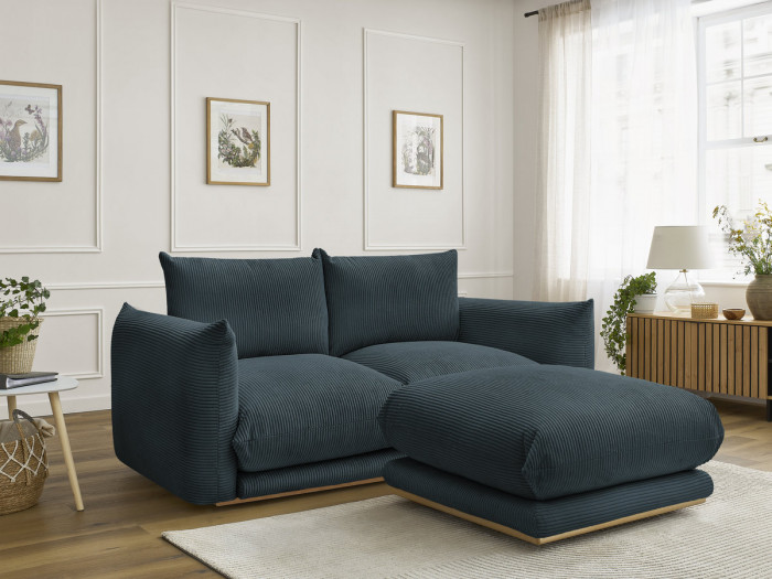 Canapé droit fixe 2 places ERNEST tissu velours côtelé avec pouf