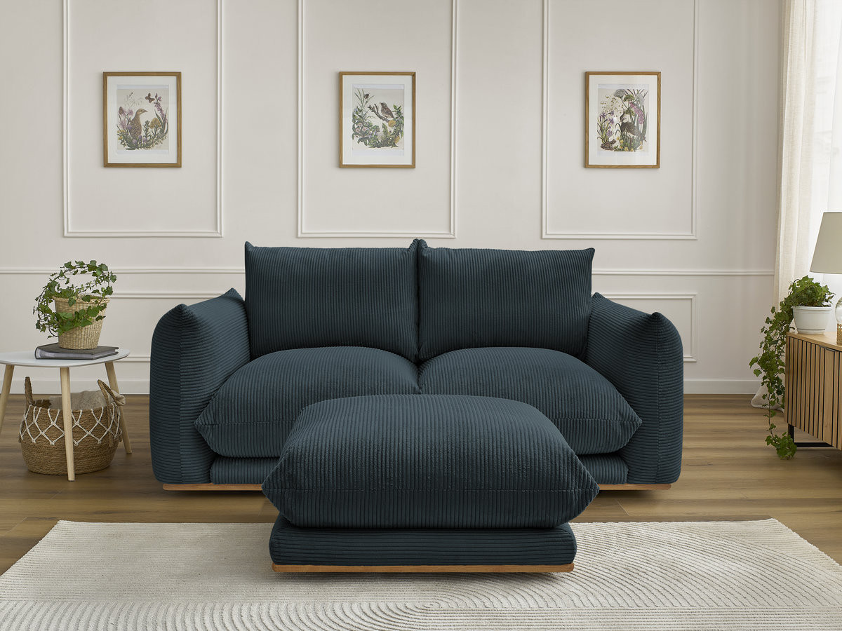 Canapé droit 2 places ERNEST velours côtelé avec pouf bleu — vue 4