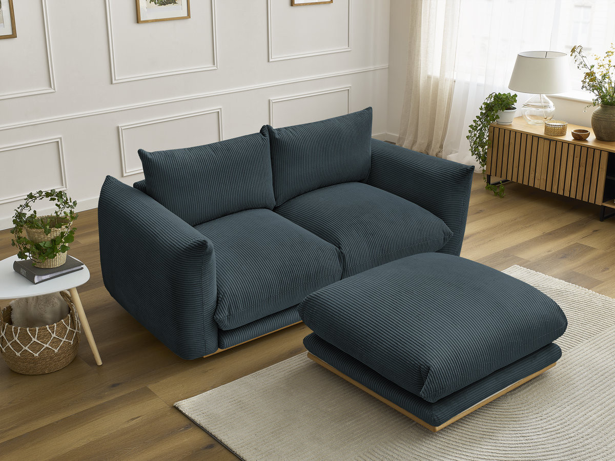 Canapé droit 2 places ERNEST velours côtelé avec pouf bleu — vue 5