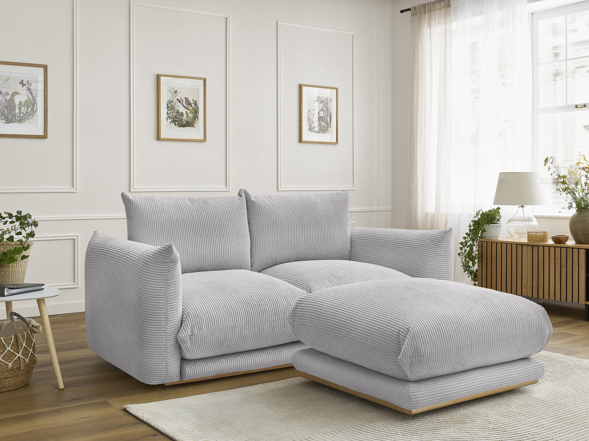 Canapé droit 2 places ERNEST velours côtelé avec pouf gris clair