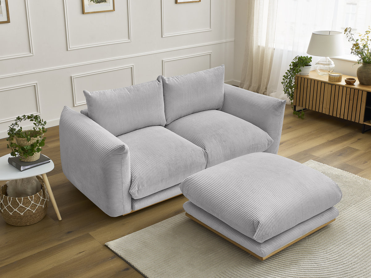 Canapé droit 2 places ERNEST velours côtelé avec pouf gris clair — vue 5