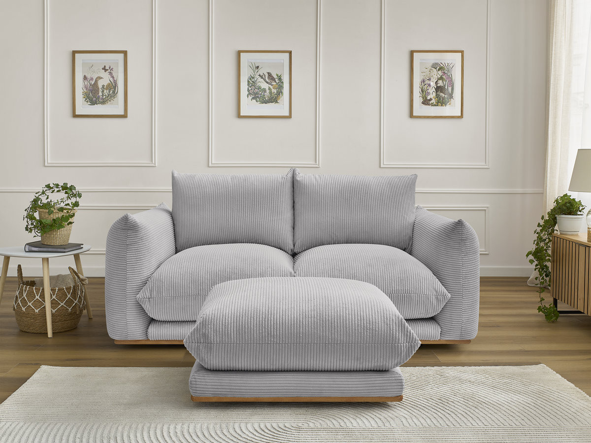 Canapé droit 2 places ERNEST velours côtelé avec pouf gris clair — vue 4