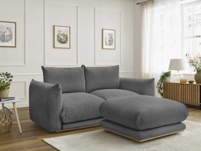 Canapé droit fixe 2 places ERNEST tissu velours côtelé avec pouf