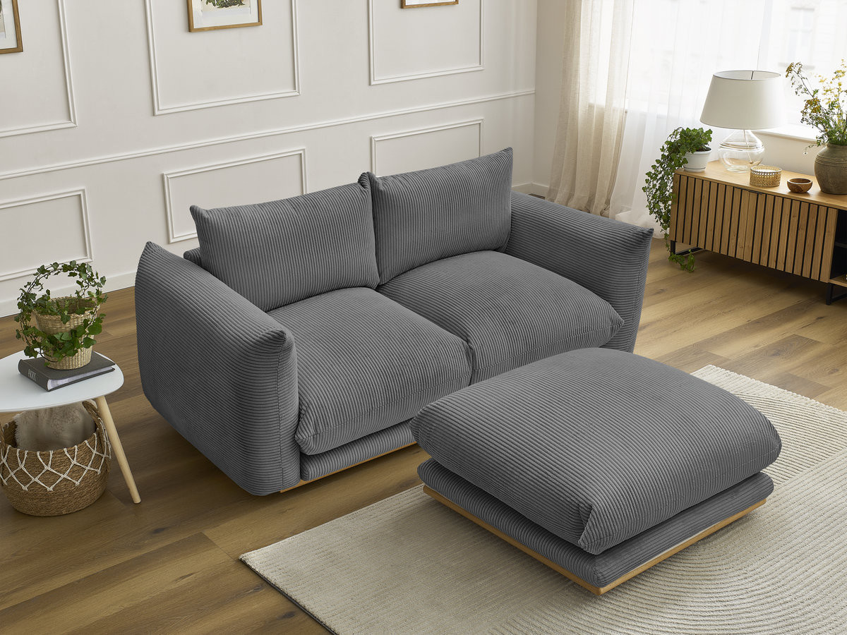 Canapé droit 2 places ERNEST velours côtelé avec pouf gris foncé — vue 6