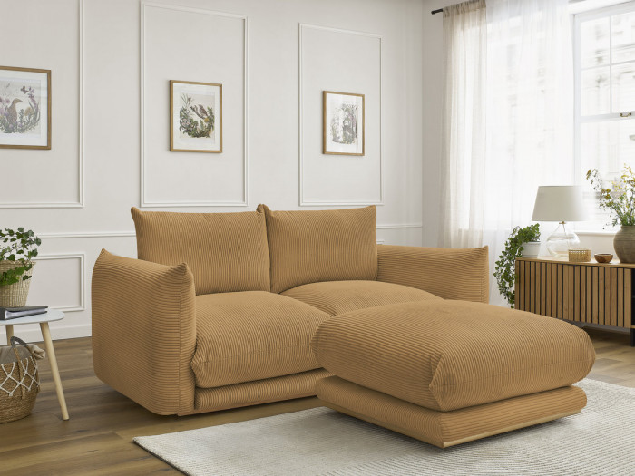 Canapé droit fixe 2 places ERNEST tissu velours côtelé avec pouf