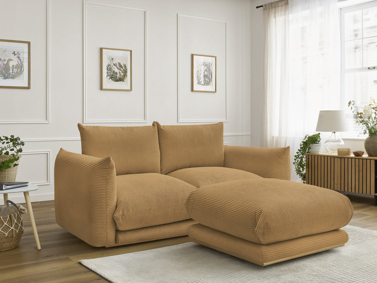 Canapé droit 2 places ERNEST velours côtelé avec pouf jaune