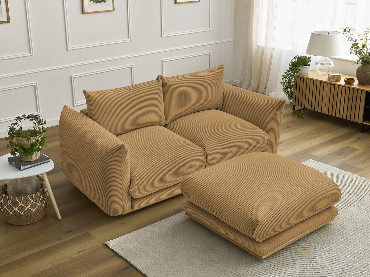 Canapé droit 2 places ERNEST velours côtelé avec pouf jaune — vue 4