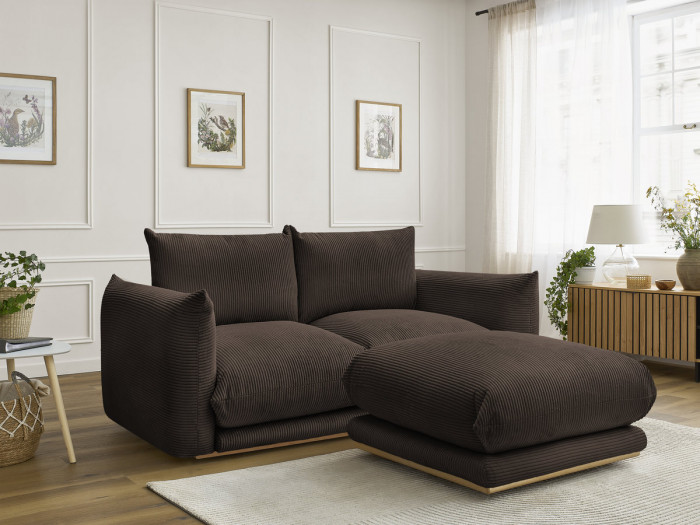 Canapé droit fixe 2 places ERNEST tissu velours côtelé avec pouf
