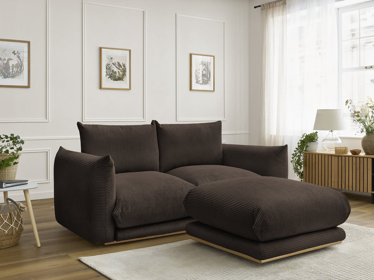 Canapé droit 2 places ERNEST velours côtelé avec pouf marron