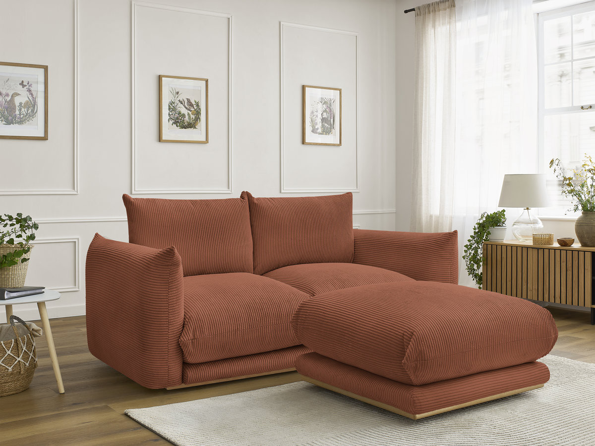 Canapé droit 2 places ERNEST velours côtelé avec pouf orange