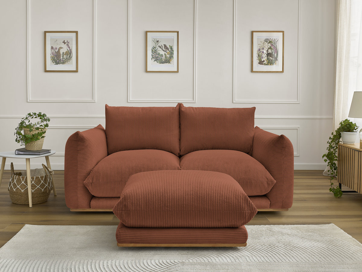 Canapé droit 2 places ERNEST velours côtelé avec pouf orange — vue 4