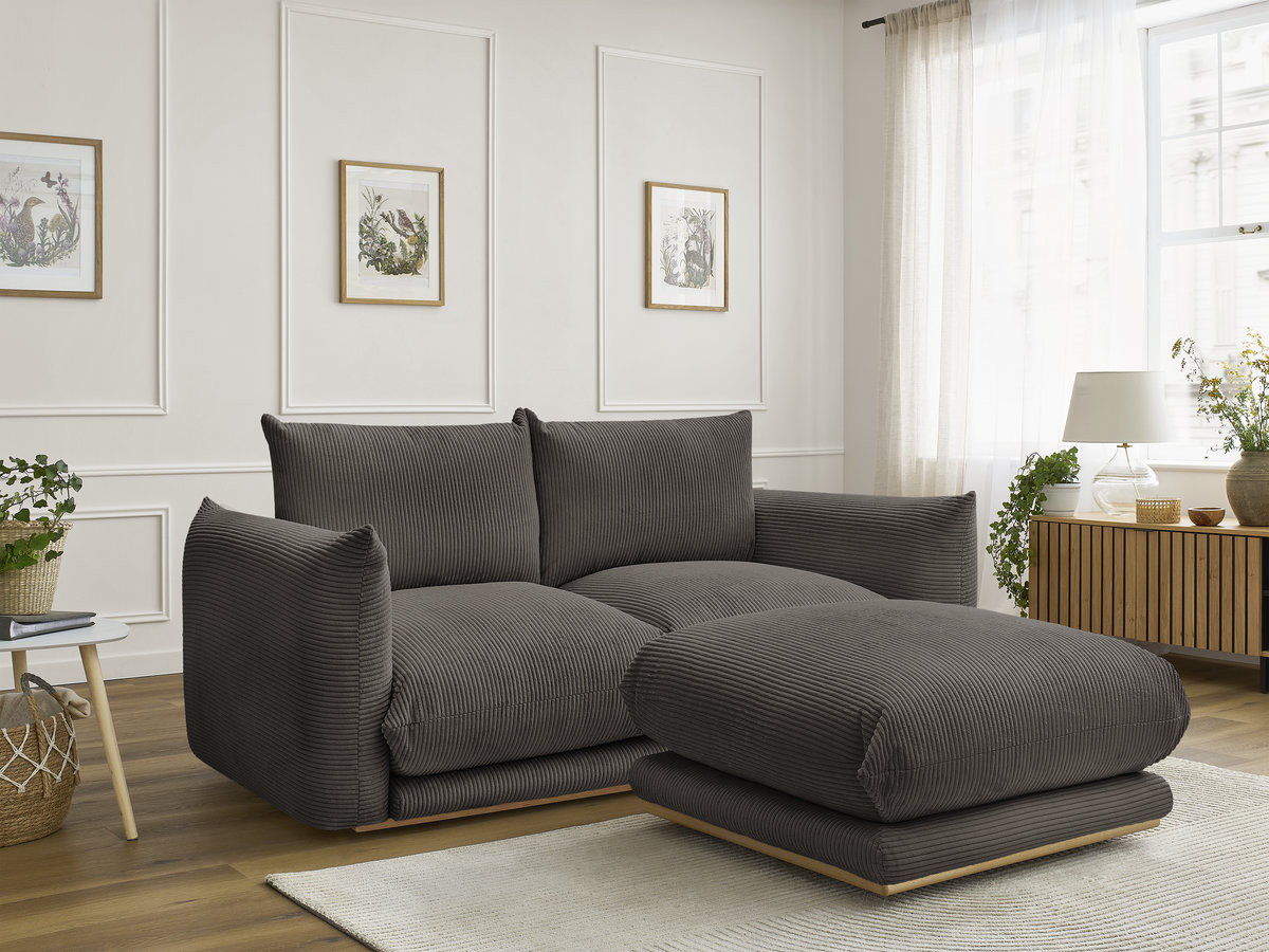 Canapé droit 2 places ERNEST velours côtelé avec pouf taupe