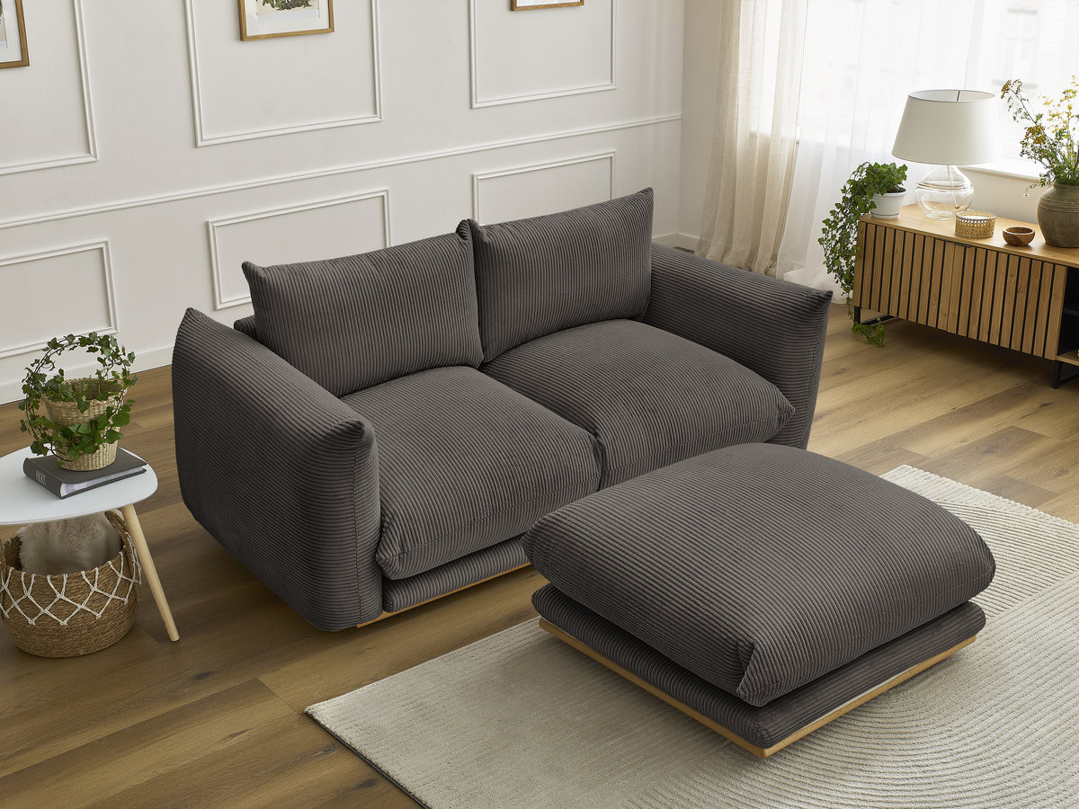 Canapé droit 2 places ERNEST velours côtelé avec pouf taupe — vue 5