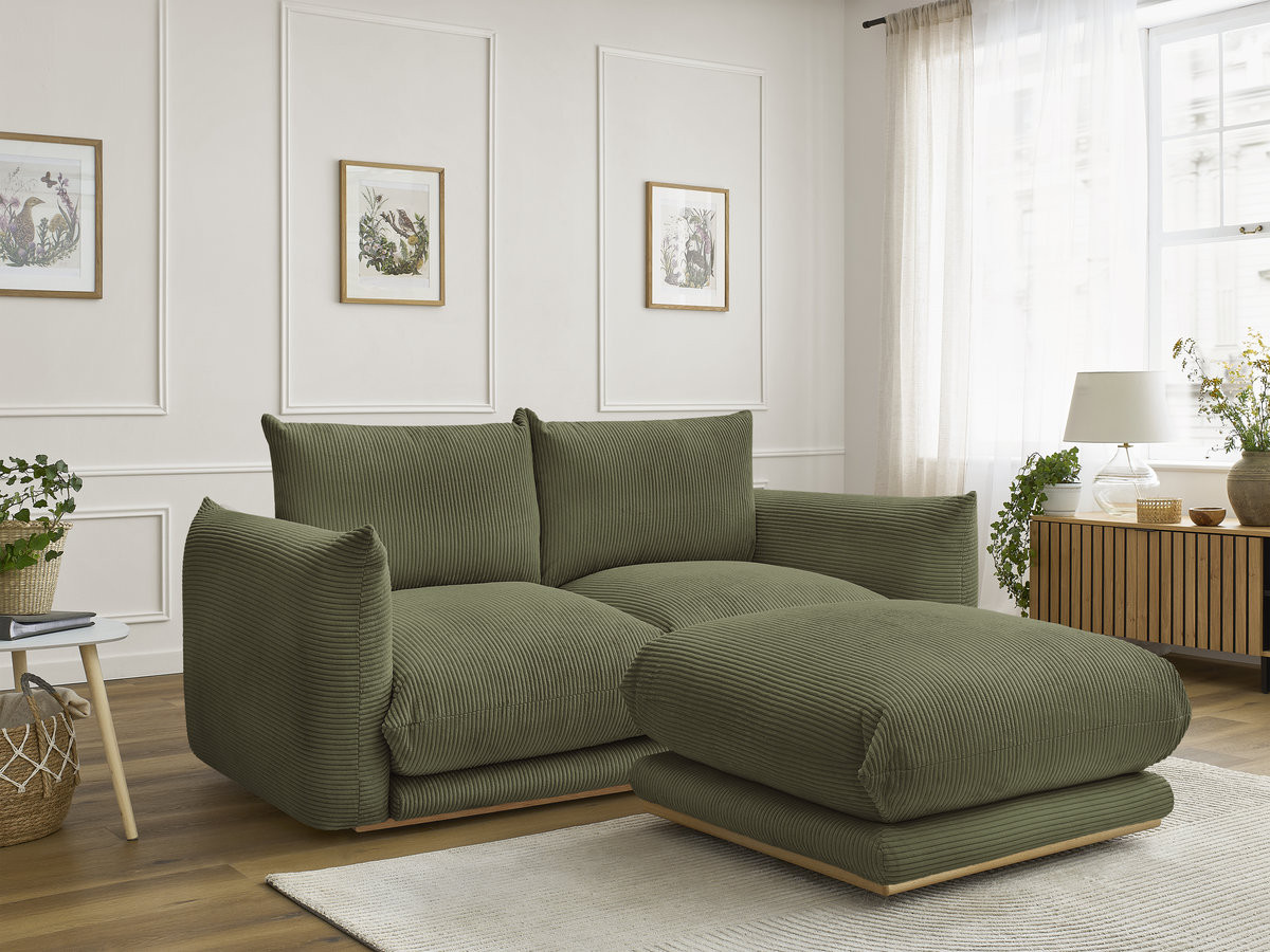 Canapé droit 2 places ERNEST velours côtelé avec pouf vert clair