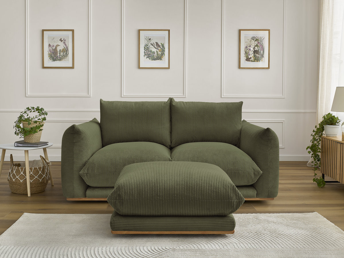 Canapé droit 2 places ERNEST velours côtelé avec pouf vert clair — vue 4