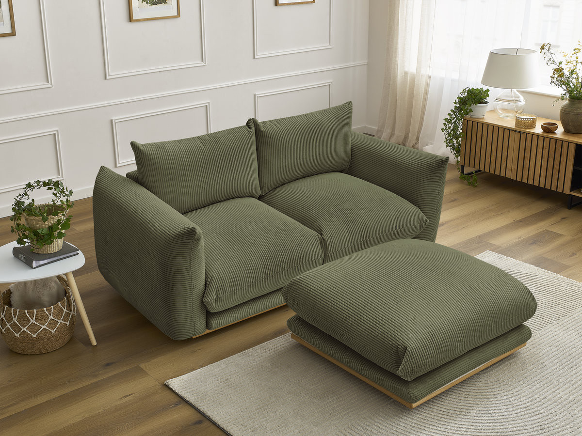 Canapé droit 2 places ERNEST velours côtelé avec pouf vert clair — vue 5