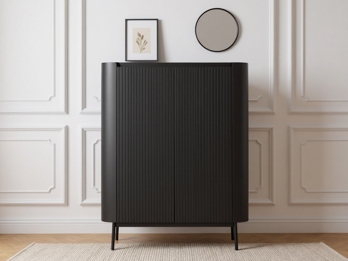 Buffet haut 2 portes 100 cm JAY effet tasseaux noir