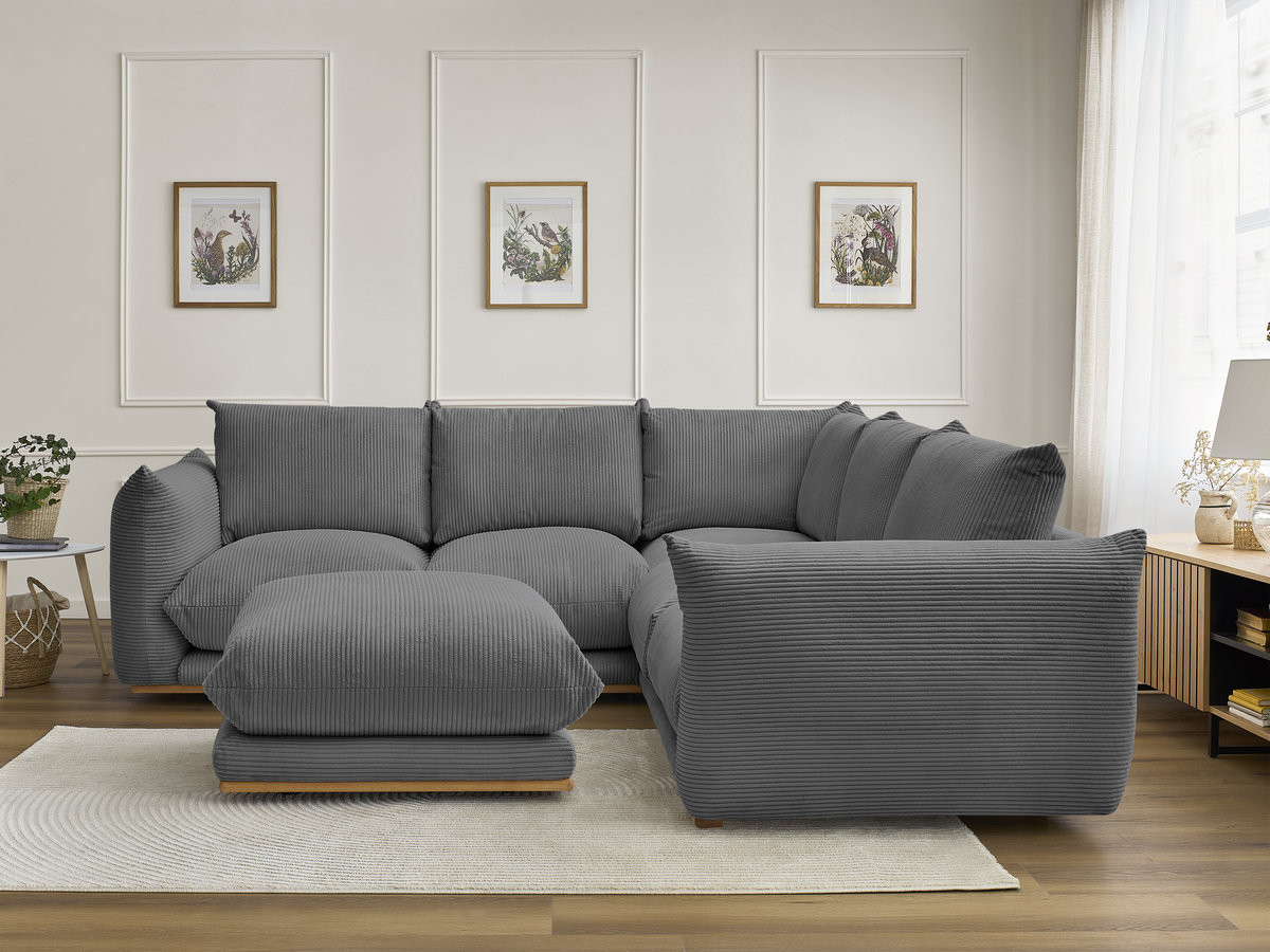 Canapé d'angle ERNEST velours côtelé avec pouf gris foncé — vue 4