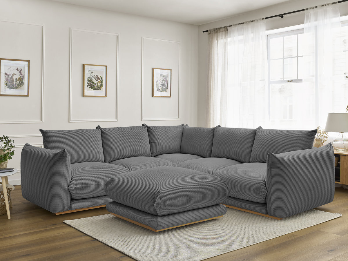 Canapé d'angle ERNEST velours côtelé avec pouf gris foncé