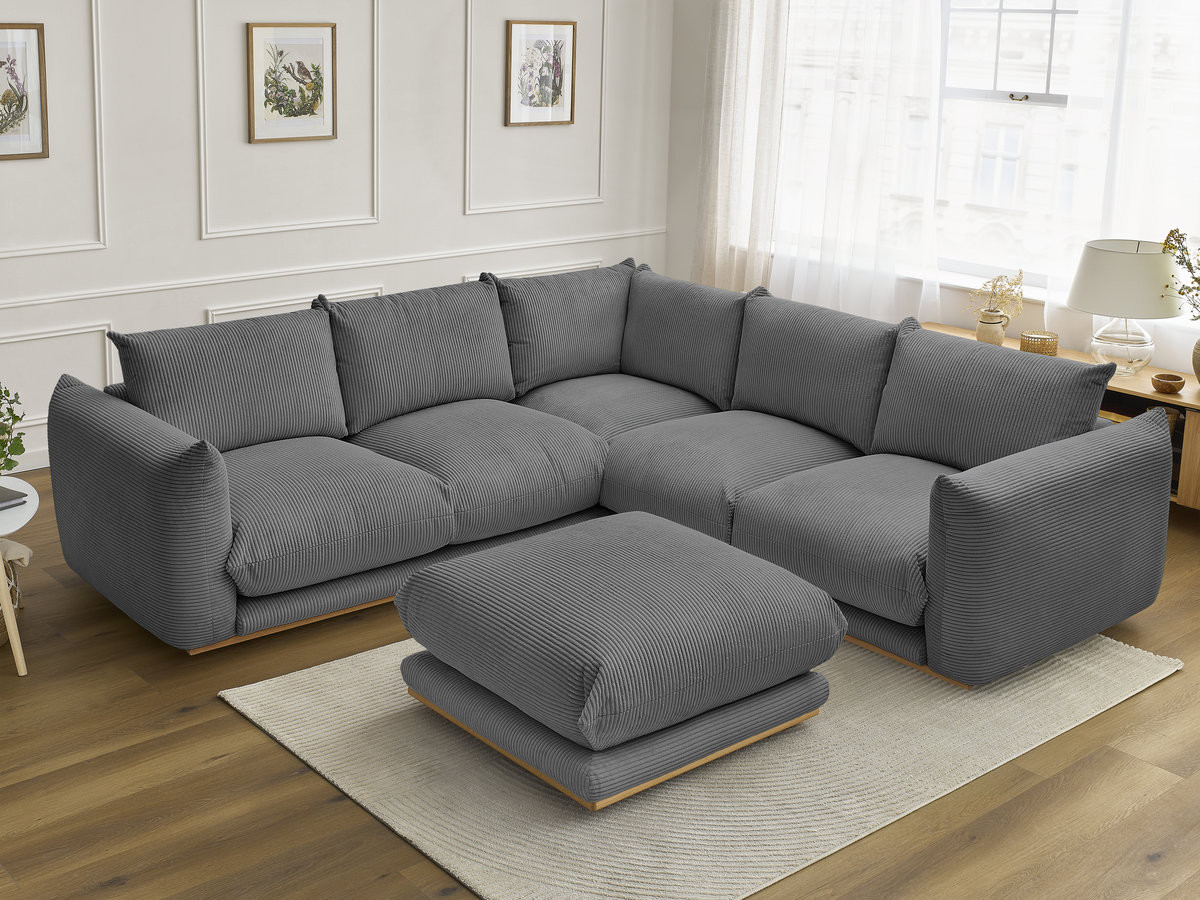 Canapé d'angle fixe ERNEST tissu velours côtelé avec pouf