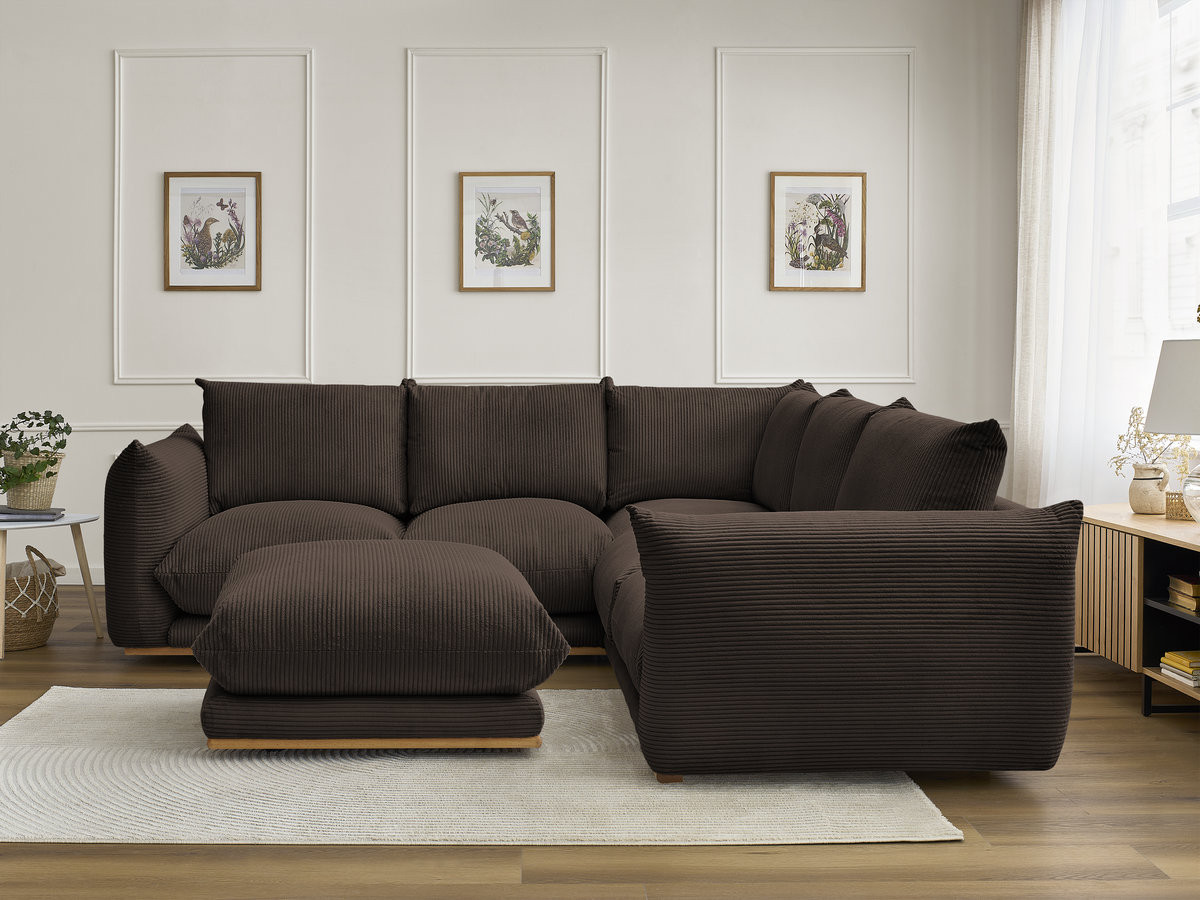Canapé d'angle ERNEST velours côtelé avec pouf marron — vue 6