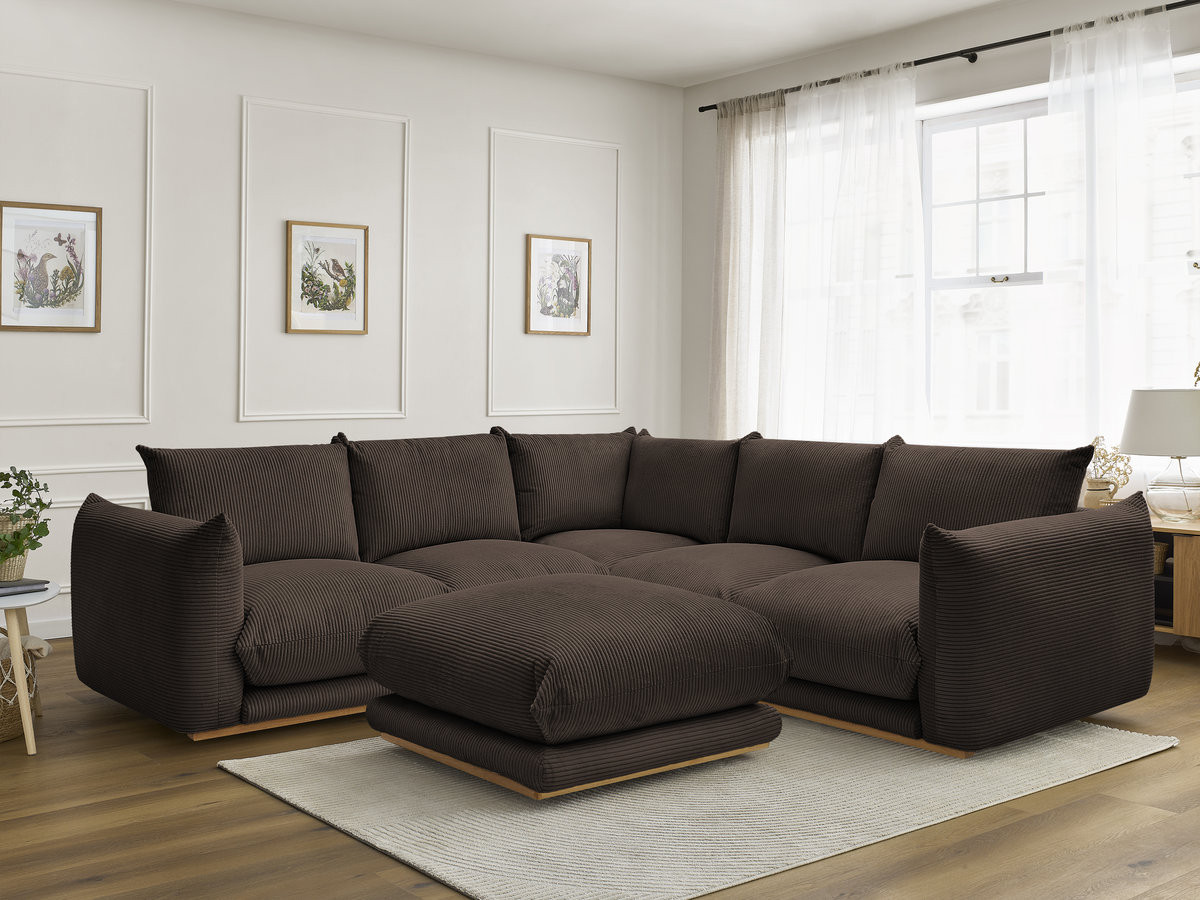 Canapé d'angle ERNEST velours côtelé avec pouf marron