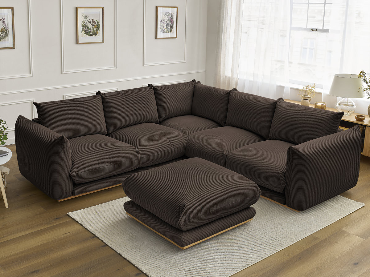 Canapé d'angle fixe ERNEST tissu velours côtelé avec pouf