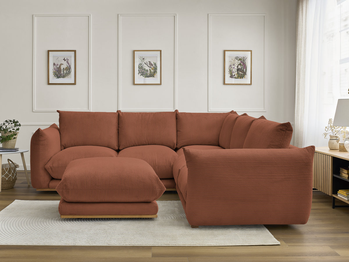 Canapé d'angle ERNEST velours côtelé avec pouf orange — vue 6