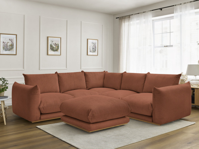 Canapé d'angle fixe ERNEST tissu velours côtelé avec pouf