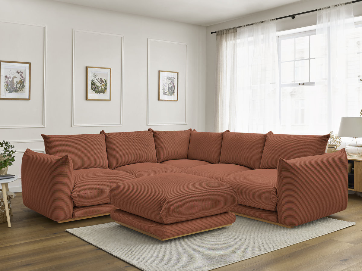 Canapé d'angle ERNEST velours côtelé avec pouf orange