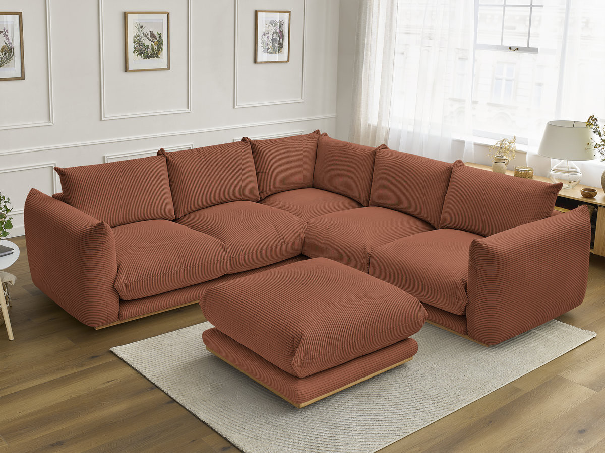 Canapé d'angle fixe ERNEST tissu velours côtelé avec pouf
