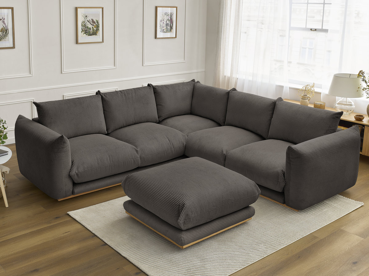Canapé d'angle fixe ERNEST tissu velours côtelé avec pouf