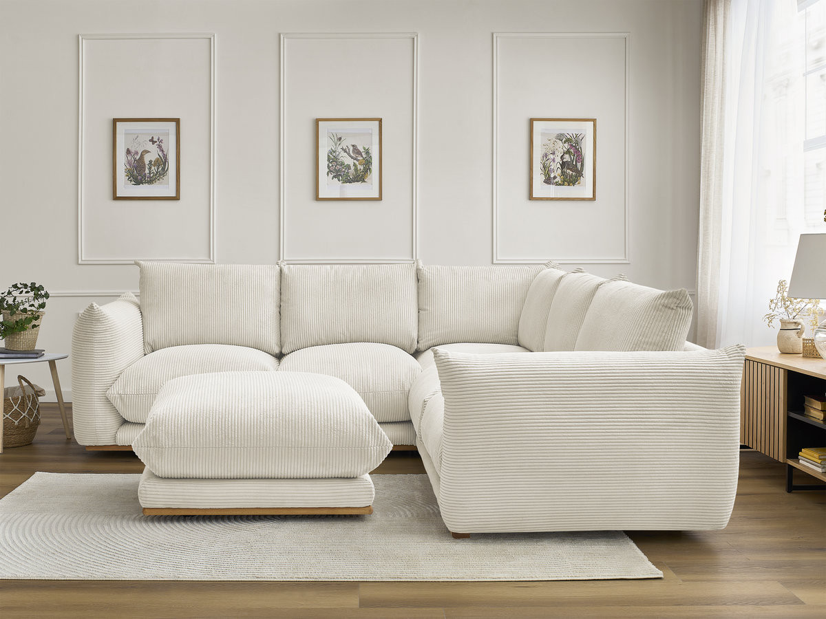 Canapé d'angle ERNEST velours côtelé avec pouf beige — vue 6