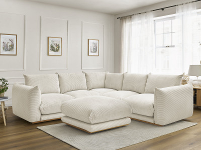Canapé d'angle fixe ERNEST tissu velours côtelé avec pouf
