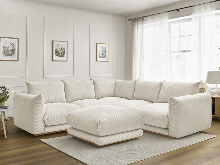 Canapé d'angle ERNEST tissu velours côtelé avec pouf
