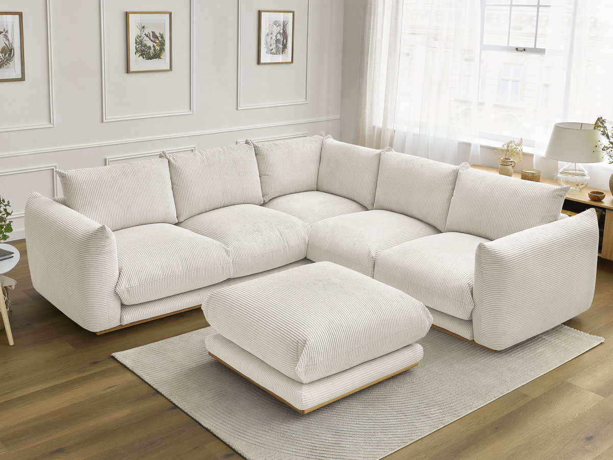Canapé d'angle fixe ERNEST tissu velours côtelé avec pouf