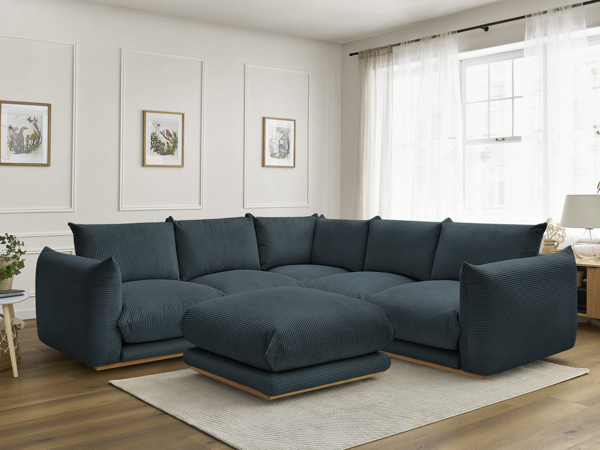 Canapé d'angle ERNEST velours côtelé avec pouf bleu