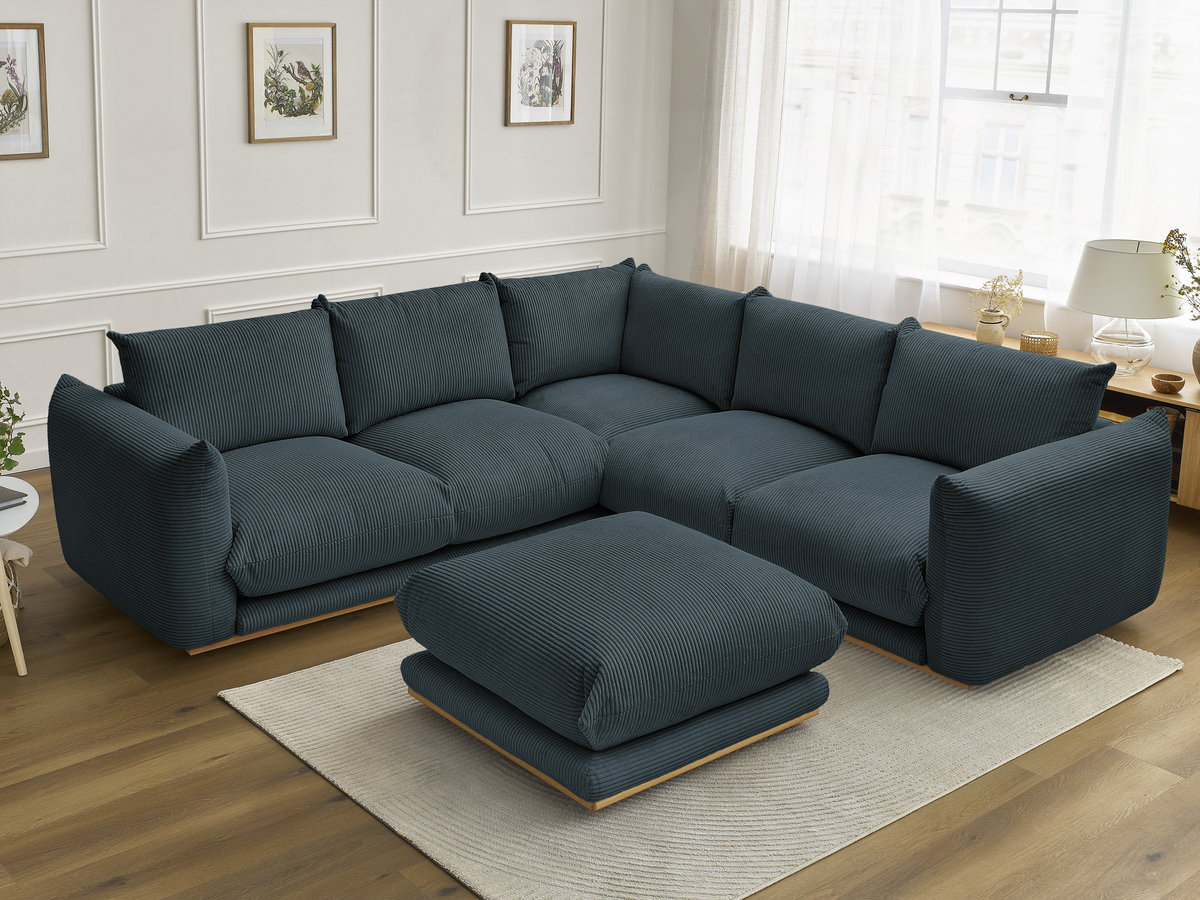 Canapé d'angle fixe ERNEST tissu velours côtelé avec pouf