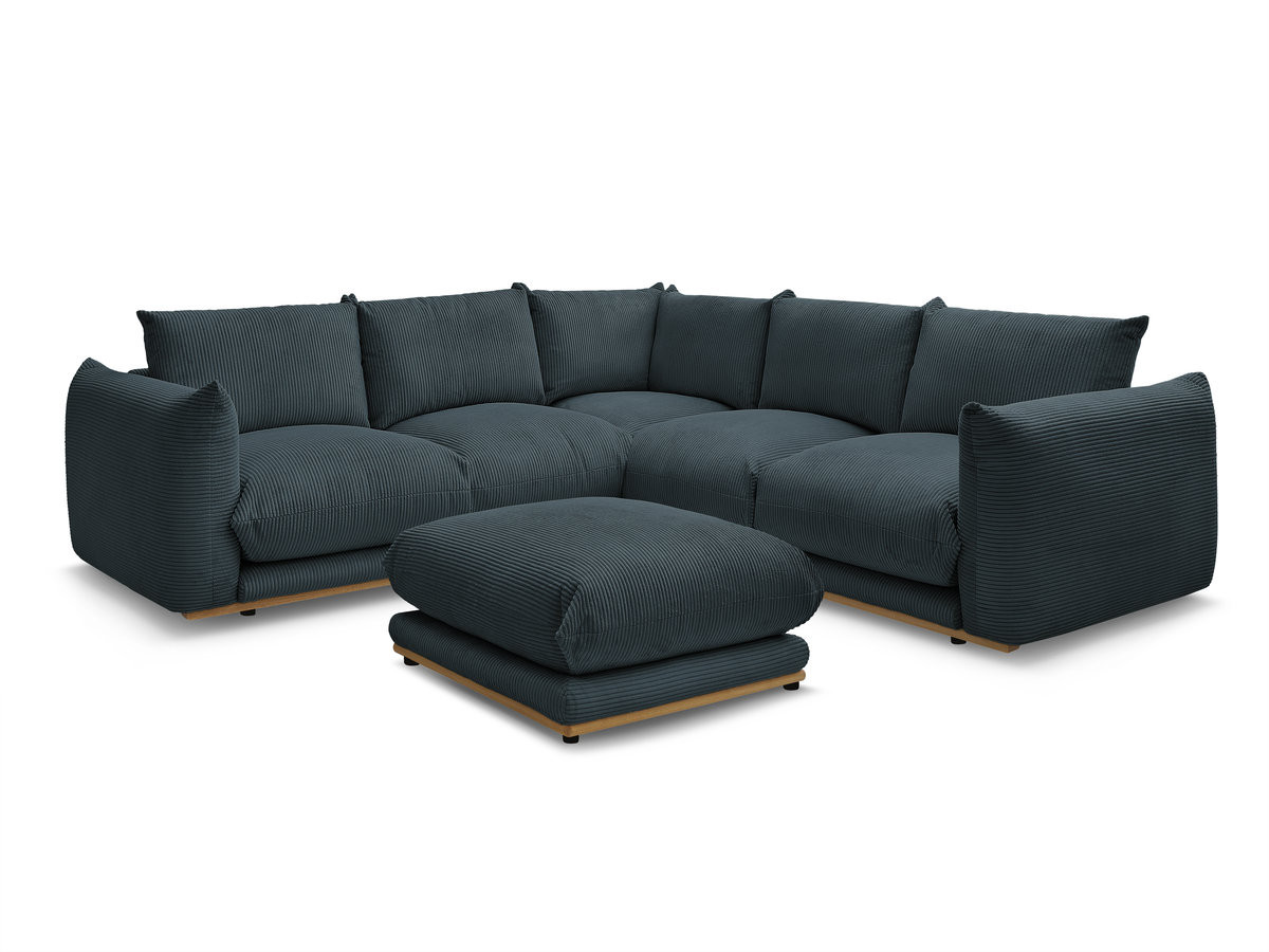 canapé d'angle fixe ernest tissu velours côtelé avec pouf de couleur bleu