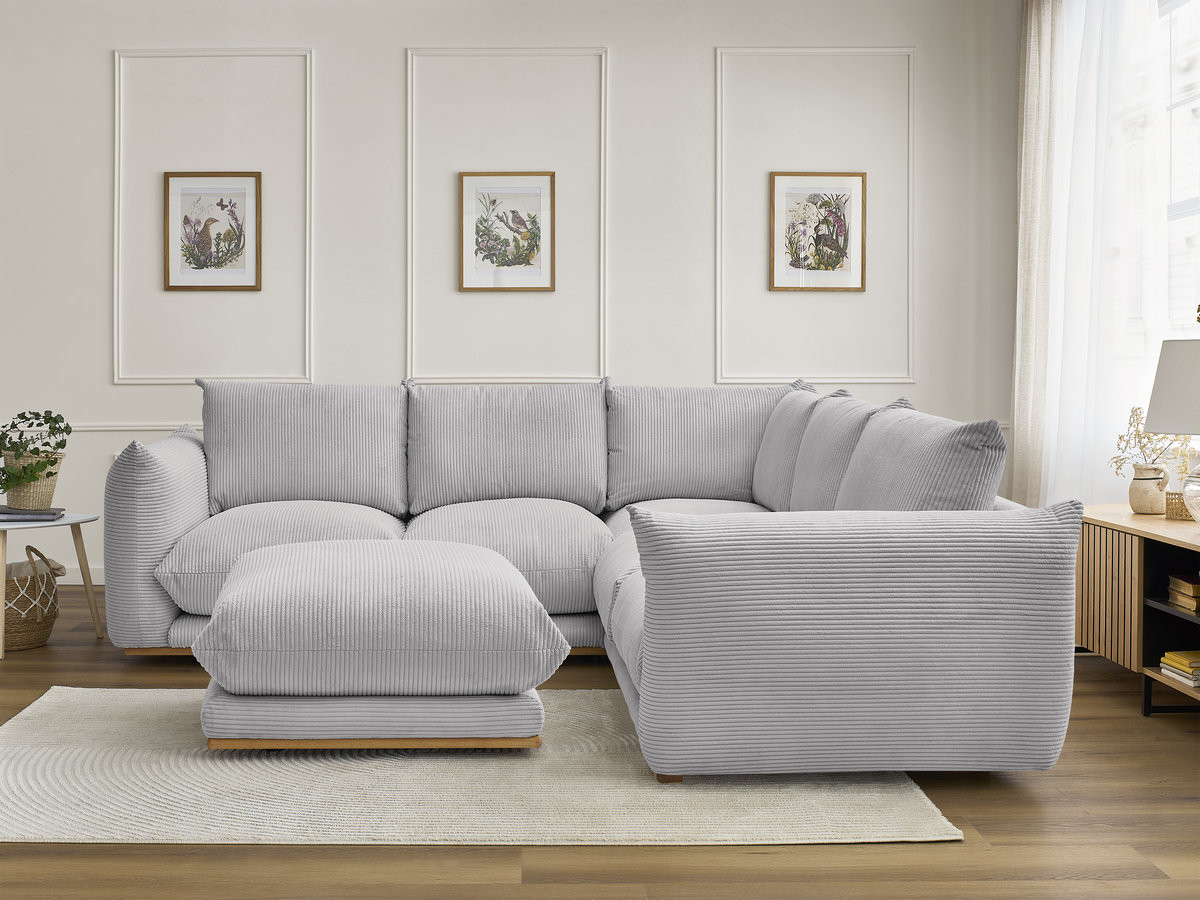 Canapé d'angle ERNEST velours côtelé avec pouf gris clair — vue 6